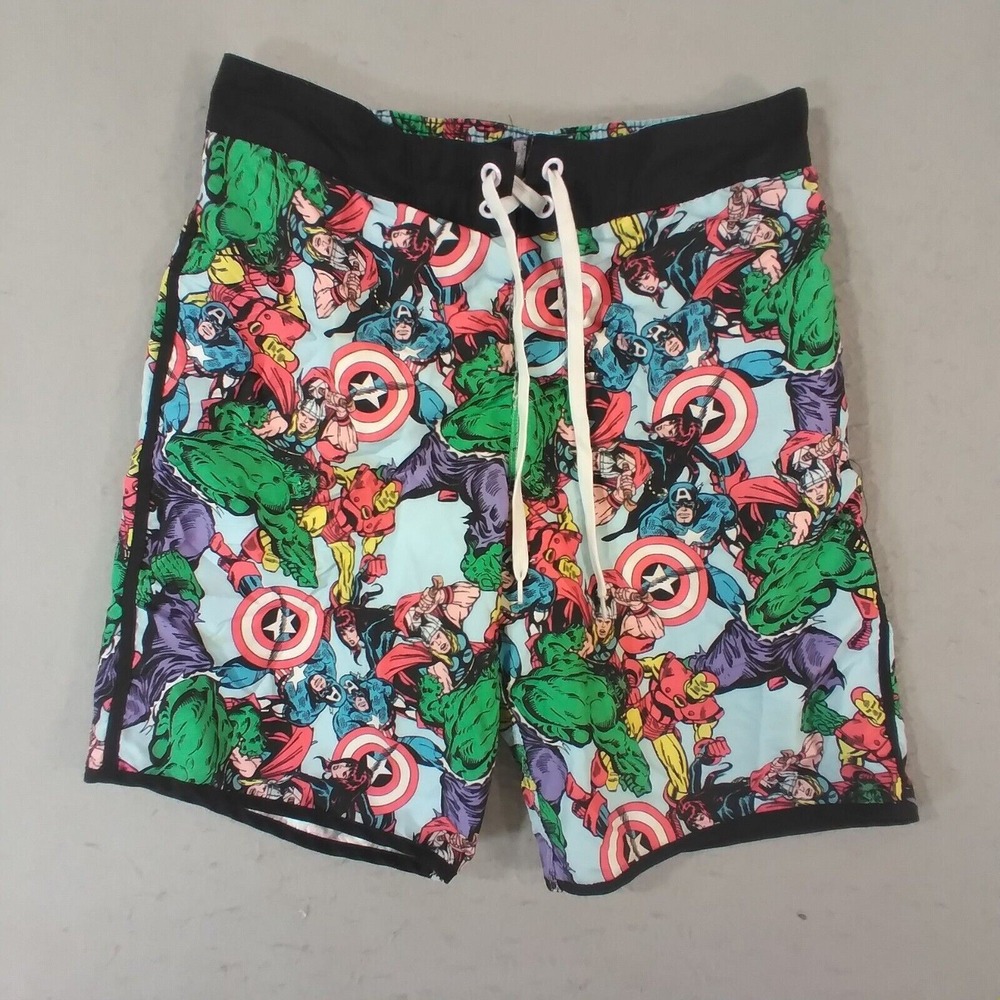 Marvel Captain America men's swim trunks board shorts medium all over print blue